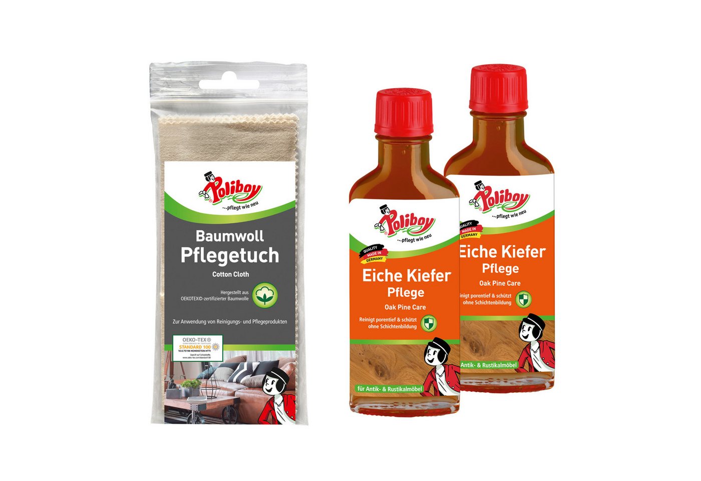 poliboy 99A3301, Eiche Kiefer Pflege - 2x100 ml - mit Baumwolltuch Holzreiniger (Spezialpflege für groß- und offenporige Hölzer - Made in Germany) von poliboy