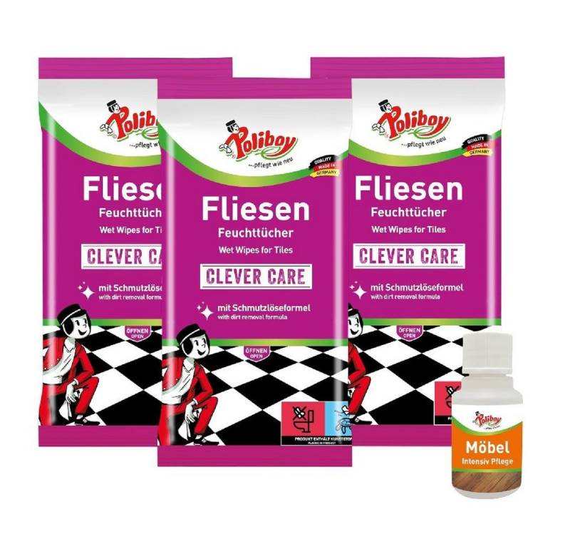 poliboy 5201501, 3er Fliesenfeuchttücher + Möbel Probe Reinigungstuch (zum Reinigen von Fliesen und Steinböden - Made in Germany) von poliboy