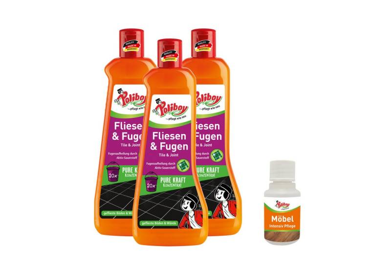 poliboy Fliesen & Fugen Konzentrat - 3er mit Möbel Probe Reinigungskonzentrat (zur Reinigung aller gefliesten Oberflächen - Made in Germany) von poliboy