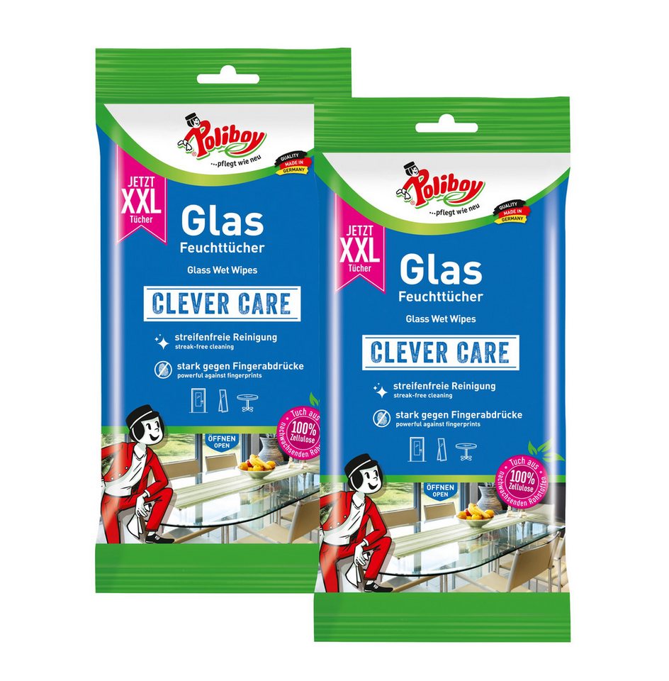 poliboy XXL Glas Feuchttücher - 48 Tücher - 2x24 Stück Reinigungstücher (30x20 cm, Ideal für für alle Glasflächen - Made in Germany) von poliboy