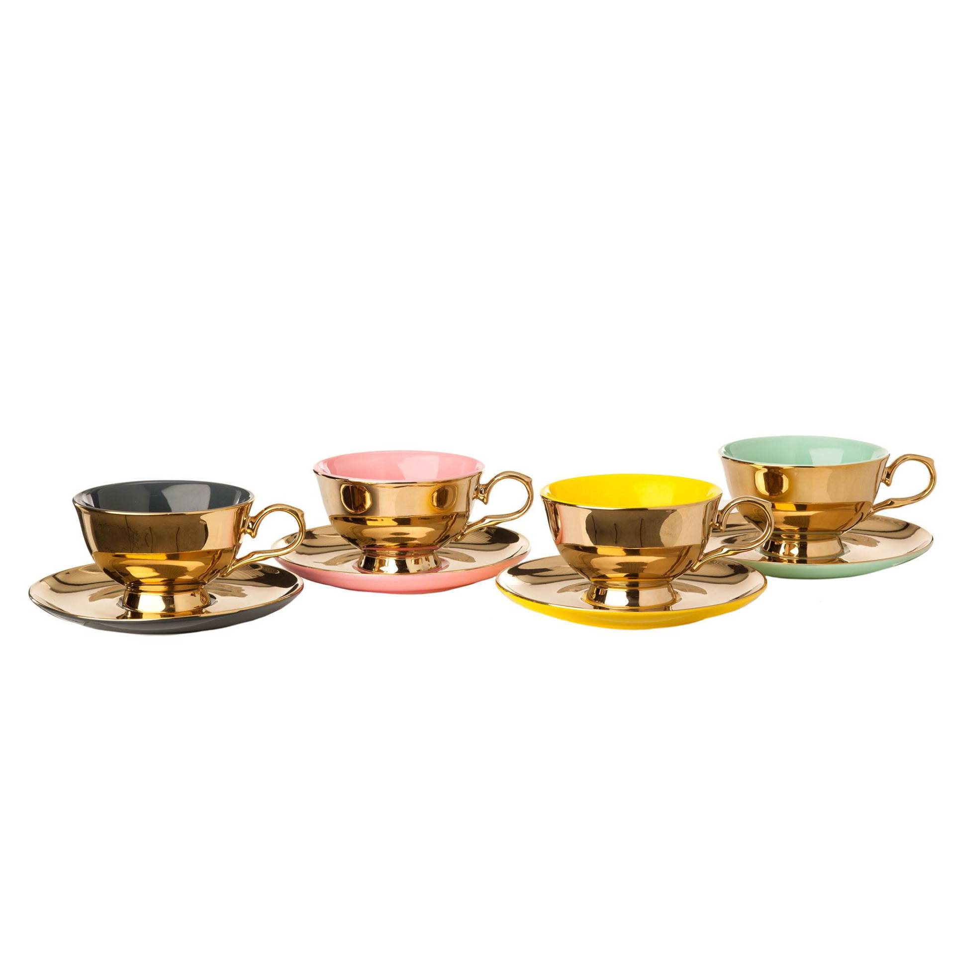 pols potten - Legacy Teetasse 4er Set - gold/glasiert/LxBxH 13x10x5,5cm/ 200ml/mit Untertasse H x Ø 1,8x15cm von pols potten