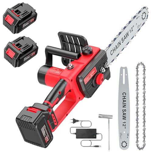 Brushless Kettensäge mit Akku 3000mAh * 2, 12 Zoll Akku Kettensäge Elektro, Einhand Mini Ketten säge Elektrische von ponoseu