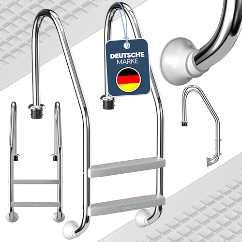 poolomio® Poolleiter Edelstahl Easy Entry Standard 2-stufig für Pools über 0,90 m Höhe | Schwimmbadleiter mit Anti-Rutsch-Stufen | V2A Edelstahlleiter hochglanzpoliert, belastbar bis 120 kg von poolomio