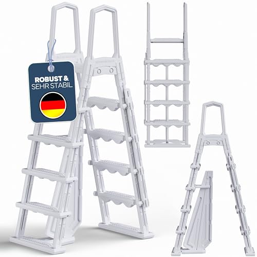 poolomio® Sicherheitsleiter 138 cm für Aufstellbecken mit Plattform | Poolleiter 2x4 Stufen aus stabilem Kunststoff | geeignet für Pools mit 120 und 132 cm Höhe von poolomio