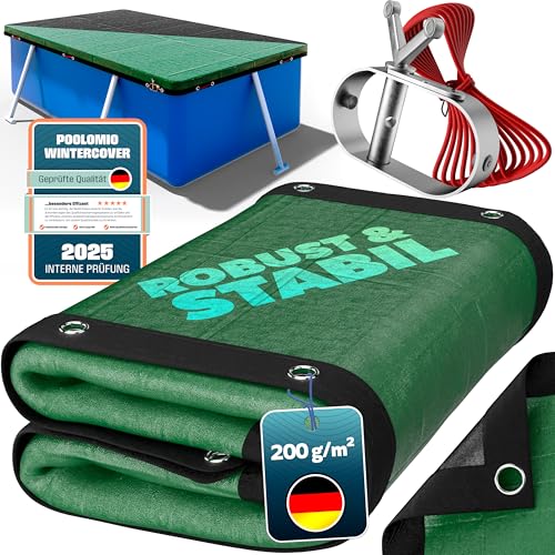 poolomio® Poolabdeckung rechteckig 700 x 400 cm | 2in1 Solarplane & Winterabdeckung 7x4 m | Robuste 200g/m² PE Poolplane Abdeckplane | UV-beständig, Algen- & Schmutzschutz, inkl. Stahlseil & Ratsche von poolomio
