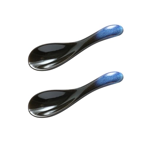 Poraceous 2 Stück Asiatische Suppenlöffel, Ramen Löffel, Japanische Art-Blaue Keramik Suppenlöffel, Porzellanlöffel Chinesische, Retro-Stil Löffel für Getreide Eintöpfe Suppe Dumplings Pho Wonton Miso von poraceous