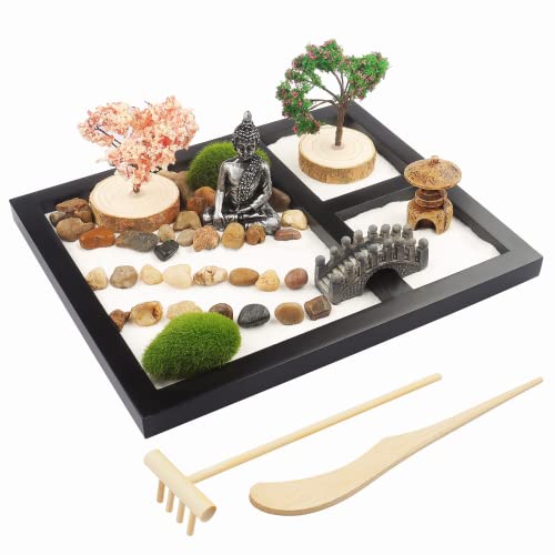 porlik Japanischer Zen-Garten für den Schreibtisch, Mini-Zen-Garten mit Sand, künstliche Bonsai-Baum, Felsen, Rechen und Zubehör (Buddha-Statue) von porlik