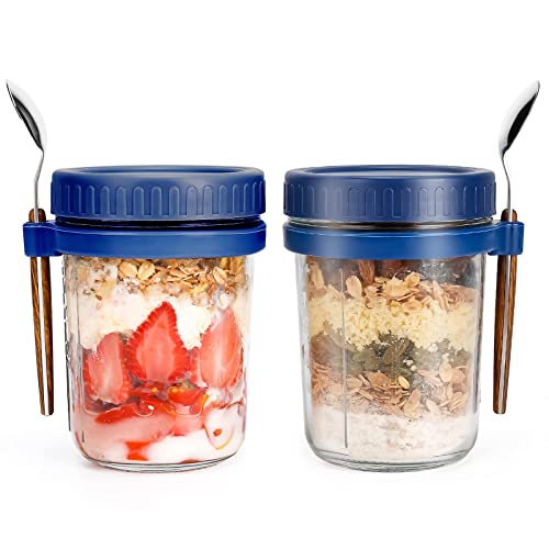 porlik 2 Pack Joghurtbecher Overnight Oats Gläser,450ML Overnight oats behälter,Mason Jars mit Deckel für,Cereal On The Go Container,joghurtbecher to go mit Löffel, Glas müslibecher to go von porlik