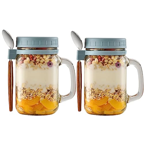 porlik 2 Pack Joghurtbecher Overnight Oats Gläser,450ML Overnight oats behälter,Mason Jars mit Deckel für,Cereal On The Go Container,joghurtbecher to go mit Löffel, Glas müslibecher to go von porlik