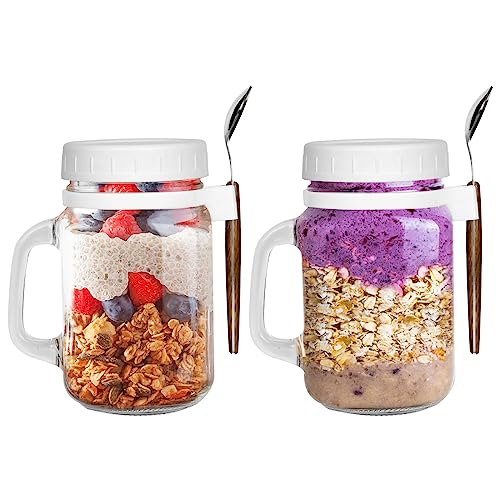 porlik 2 Pack Joghurtbecher Overnight Oats Gläser,450ML Overnight oats behälter,Mason Jars mit Deckel für,Cereal On The Go Container,joghurtbecher to go mit Löffel, Glas müslibecher to go von porlik