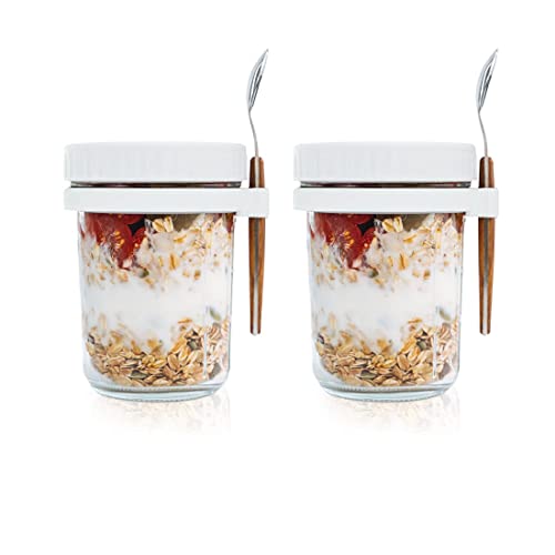 porlik Overnight Oats Jars mit Löffel und Deckel 16 oz [2 Pack], luftdicht Haferflocken Container mit Messmarken, Mason Jars mit Deckel für Cereal On The Go Container von porlik