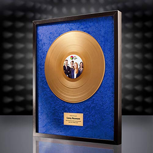 Goldene Schallplatte mit eigenem Foto - Super Geschenk für Chef, Kollegen, Mitarbeiter - Hintergrund blau von posterdeluxe