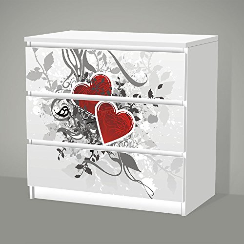 posterdeluxe Aufkleber für IKEA Malm - 3 Schubladen - Retro Love Herzen - Sticker Klebefolie Möbel Tattoo Schlafzimmer von posterdeluxe