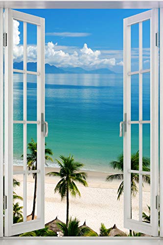 Poster Fenster zum tropischen Palmenstrand - Größe 61 x 91,5 cm - Maxiposter von posterdepot