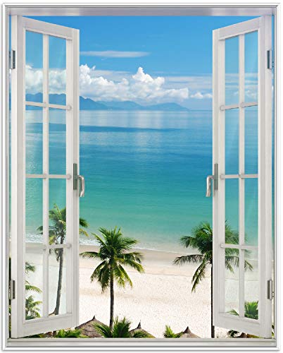 Poster mit Rahmen 40 x 50 cm, Weiß - Fenster zum Südsee Strand mit Palmen gerahmt - Antireflex Acrylglas von posterdepot