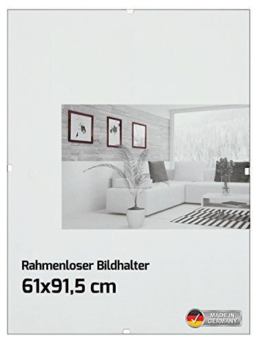 Rahmenloser Bildhalter Bilderrahmen für Maxi Poster - Größe 61 x 91,5 cm, Rahmenlos, 14 Metall-Klemmen - Antireflex Acrylglas von posterdepot