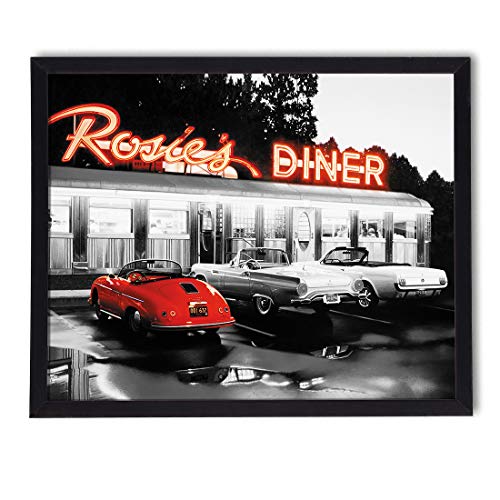 postergaleria Bild im Rahmen | Plakat | Modern | Wand Künstlerisch | Verschiedene Themen 40 x 50 cm (rotes Auto vor dem Restaurant) von postergaleria