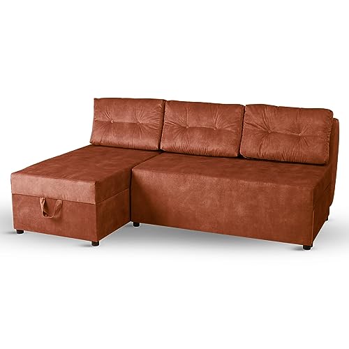 Ecksofa mit Schlaffunktion mit 2 Bettkästen 196x145 cm mit Ottomane Links Dunkelorange - Liegefläche 196x140 cm, mit 3 Kissen, in Velourstoff - Sofa 3 Sitzer, für Wohnzimmer/Gästezimmer von postergaleria