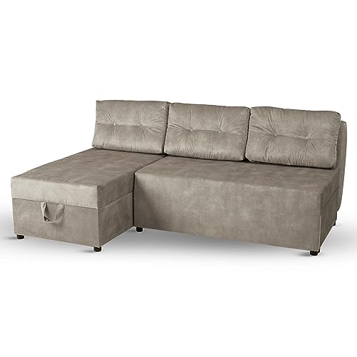 Ecksofa mit Schlaffunktion mit 2 Bettkästen 196x145 cm mit Ottomane Links hellgrau - Liegefläche 196x140 cm, mit 3 Kissen, in Velourstoff - Sofa 3 Sitzer, für Wohnzimmer/Gästezimmer von postergaleria