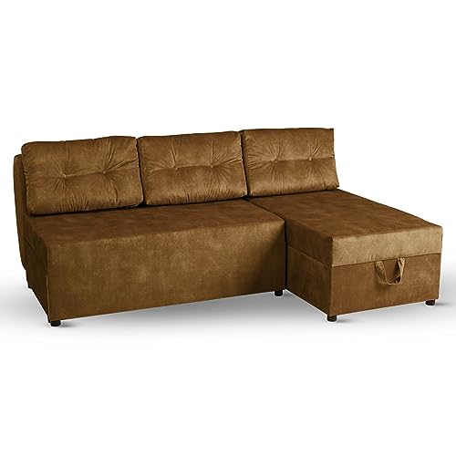 Ecksofa mit Schlaffunktion mit 2 Bettkästen 196x145 cm mit Ottomane rechts Graphit - Liegefläche 196x140 cm, mit 3 Kissen, in Velourstoff - Sofa 3 Sitzer, für Wohnzimmer/Gästezimmer von postergaleria