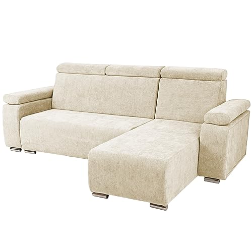 Ecksofa mit verstellbaren Kopfstützen und Armlehnen beige rechts - mit silberfarbenen Beinen, zur einfachen Selbstmontage - Couch L Form für Wohnzimmer, Schlafzimmer, einzeln und als Set von postergaleria