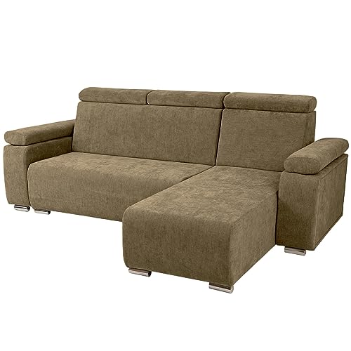 Ecksofa mit verstellbaren Kopfstützen und Armlehnen braun rechts - mit silberfarbenen Beinen, zur einfachen Selbstmontage - Couch L Form für Wohnzimmer, Schlafzimmer, einzeln und als Set von postergaleria