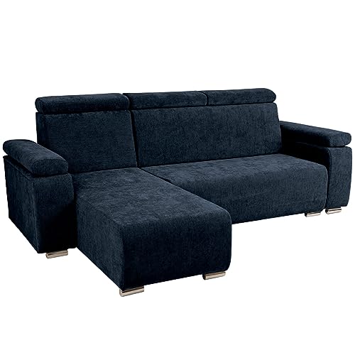 Ecksofa mit verstellbaren Kopfstützen und Armlehnen dunkelblau links - mit silberfarbenen Beinen, zur einfachen Selbstmontage - Couch L Form für Wohnzimmer, Schlafzimmer, einzeln und als Set von postergaleria