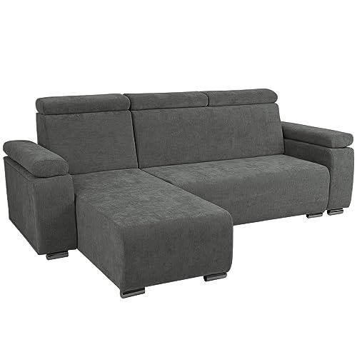 Ecksofa mit verstellbaren Kopfstützen und Armlehnen dunkelgrau links - mit silberfarbenen Beinen, zur einfachen Selbstmontage - Couch L Form für Wohnzimmer, Schlafzimmer, einzeln und als Set von postergaleria