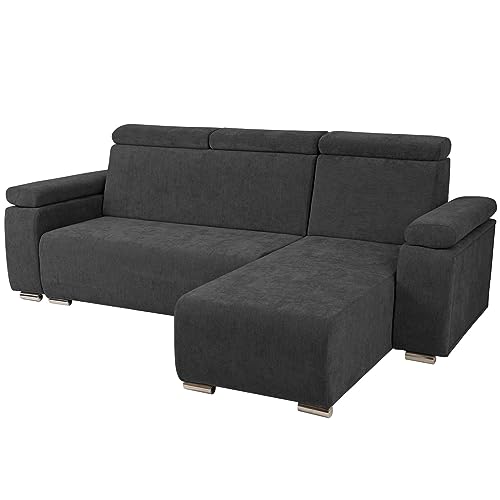 Ecksofa mit verstellbaren Kopfstützen und Armlehnen graphit rechts - mit silberfarbenen Beinen, zur einfachen Selbstmontage - Couch L Form für Wohnzimmer, Schlafzimmer, einzeln und als Set von postergaleria