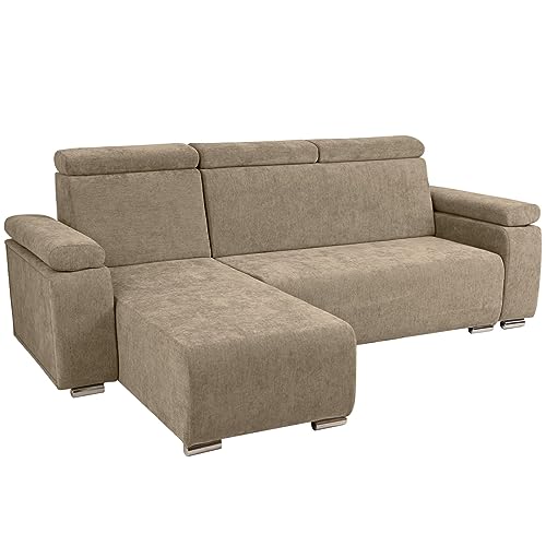 Ecksofa mit verstellbaren Kopfstützen und Armlehnen hellbraun links - mit silberfarbenen Beinen, zur einfachen Selbstmontage - Couch L Form für Wohnzimmer, Schlafzimmer, einzeln und als Set von postergaleria