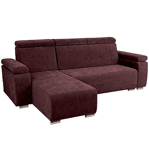 Ecksofa mit verstellbaren Kopfstützen und Armlehnen kastanienbraun links - mit silberfarbenen Beinen, zur einfachen Selbstmontage - Couch L Form für Wohnzimmer, Schlafzimmer, einzeln und als Set von postergaleria