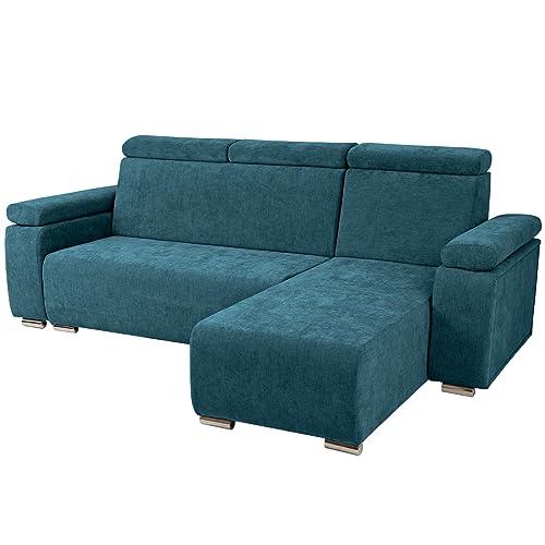 Ecksofa mit verstellbaren Kopfstützen und Armlehnen seeblau rechts - mit silberfarbenen Beinen, zur einfachen Selbstmontage - Couch L Form für Wohnzimmer, Schlafzimmer, einzeln und als Set von postergaleria