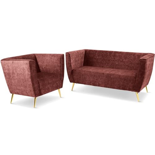 Lounge Möbel Set: Sofa 2 Sitzer, Sessel mit Beinen in Color Gold braun-rot - in Velours-Stoff, mit Metallbeinen für einfache Montage, mit weicher Füllung - Sessel und Sofa für Wohnzimmer, Büro von postergaleria