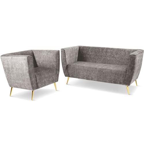 Lounge Möbel Set: Sofa 2 Sitzer, Sessel mit Beinen in Color Gold grau - in Velours-Stoff, mit Metallbeinen für einfache Montage, mit weicher Füllung - Sessel und Sofa für Wohnzimmer, Büro von postergaleria
