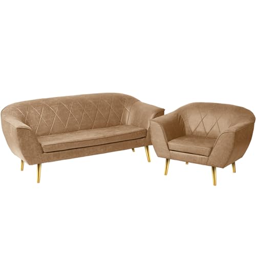 Loungemöbel-Set aus Öko-Leder: Sofa 2 Sitzer und Sessel mit goldfarbenen Beinen beige - aus Kunstleder, mit Metallbeinen für eine einfache Montage - Sessel und kleine Couch für Wohnzimmer, Büro von postergaleria