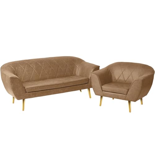 Loungemöbel-Set aus Öko-Leder: Sofa 2 Sitzer und Sessel mit goldfarbenen Beinen creme - aus Kunstleder, mit Metallbeinen für eine einfache Montage - Sessel und kleine Couch für Wohnzimmer, Büro von postergaleria