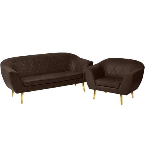 Loungemöbel-Set aus Öko-Leder: Sofa 2 Sitzer und Sessel mit goldfarbenen Beinen dunkelbraun - aus Kunstleder, mit Metallbeinen für eine einfache Montage - Sessel und kleine Couch für Wohnzimmer, Büro von postergaleria