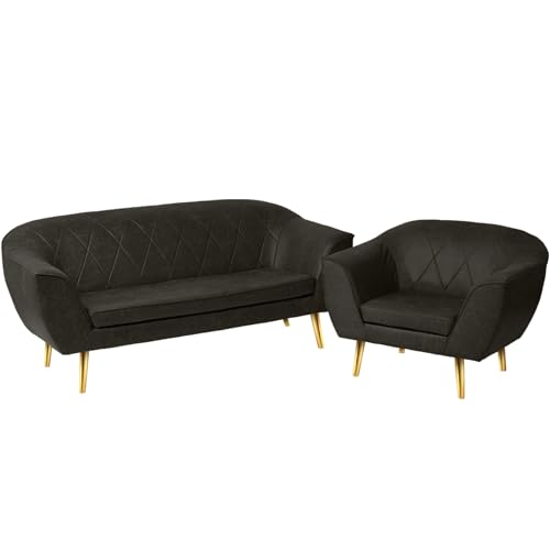 Loungemöbel-Set aus Öko-Leder: Sofa 2 Sitzer und Sessel mit goldfarbenen Beinen dunkelgrau - aus Kunstleder, mit Metallbeinen für eine einfache Montage - Sessel und kleine Couch für Wohnzimmer, Büro von postergaleria