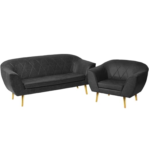 Loungemöbel-Set aus Öko-Leder: Sofa 2 Sitzer und Sessel mit goldfarbenen Beinen grau - aus Kunstleder, mit Metallbeinen für eine einfache Montage - Sessel und kleine Couch für Wohnzimmer, Büro von postergaleria
