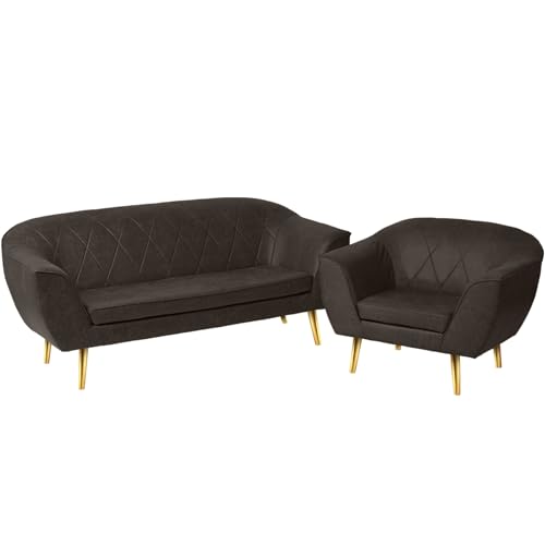 Loungemöbel-Set aus Öko-Leder: Sofa 2 Sitzer und Sessel mit goldfarbenen Beinen grau-braun - aus Kunstleder, mit Metallbeinen für eine einfache Montage - Sessel und kleine Couch für Wohnzimmer, Büro von postergaleria