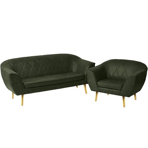 Loungemöbel-Set aus Öko-Leder: Sofa 2 Sitzer und Sessel mit goldfarbenen Beinen grün - aus Kunstleder, mit Metallbeinen für eine einfache Montage - Sessel und kleine Couch für Wohnzimmer, Büro von postergaleria