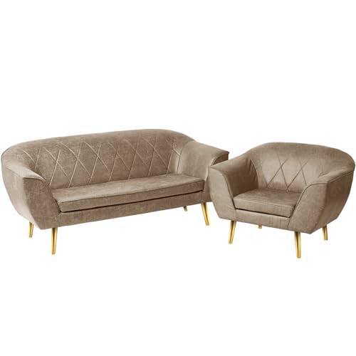 Loungemöbel-Set aus Öko-Leder: Sofa 2 Sitzer und Sessel mit goldfarbenen Beinen hellbeige - aus Kunstleder, mit Metallbeinen für eine einfache Montage - Sessel und kleine Couch für Wohnzimmer, Büro von postergaleria