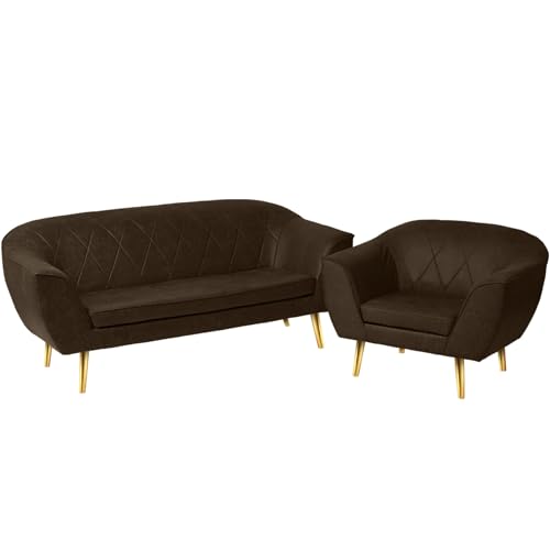 Loungemöbel-Set aus Öko-Leder: Sofa 2 Sitzer und Sessel mit goldfarbenen Beinen schokolade - aus Kunstleder, mit Metallbeinen für eine einfache Montage - Sessel und kleine Couch für Wohnzimmer, Büro von postergaleria