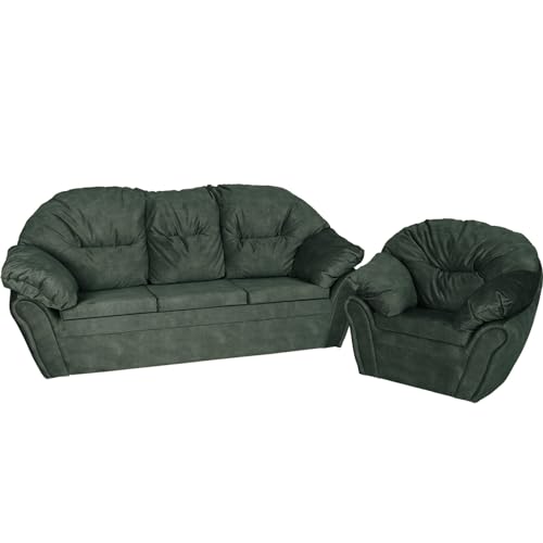 Möbelset: Sofa 2 Sitzer und Sessel weiche dunkelgrün - in Samtstoff, mit Armlehnen und Rückenlehne mit Klettverschluss befestigt, mit weicher Füllung - Sessel und Sofa für Wohnzimmer, Büro von postergaleria