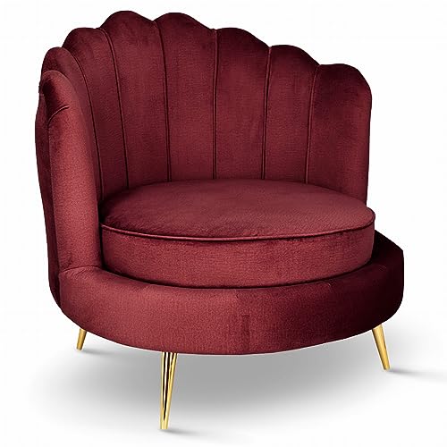 Sessel mit Muschel Rückenlehne, Sessel kastanienbraun - mit goldene Beine, mit tiefer Sitzfläche, in Samtstoff, 97 x 96 x 76 cm - Sessel Wohnzimmer, Schlafzimmer Deko, Schminktisch Stuhl von postergaleria