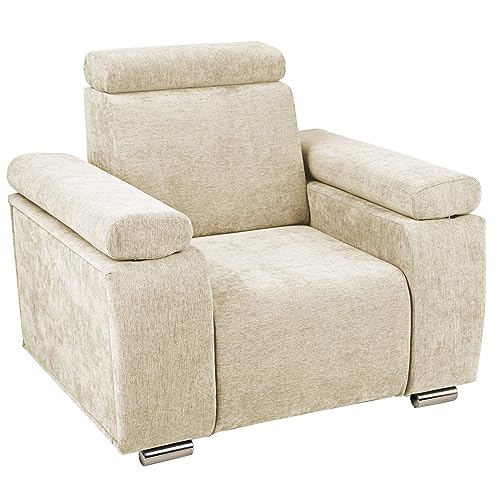 Sessel mit verstellbarer Kopfstütze und Armlehnen beige mit silberfarbenen Beinen - aus kariertem Stoff, zur einfachen Selbstmontage - Sessel für Wohnzimmer, Schlafzimmer, einzeln und im Set von postergaleria
