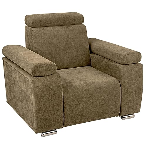 Sessel mit verstellbarer Kopfstütze und Armlehnen braun mit silberfarbenen Beinen - aus kariertem Stoff, zur einfachen Selbstmontage - Sessel für Wohnzimmer, Schlafzimmer, einzeln und im Set von postergaleria