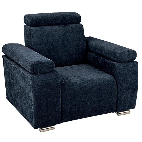 Sessel mit verstellbarer Kopfstütze und Armlehnen dunkelblau mit silberfarbenen Beinen - aus kariertem Stoff, zur einfachen Selbstmontage - Sessel für Wohnzimmer, Schlafzimmer, einzeln und im Set von postergaleria