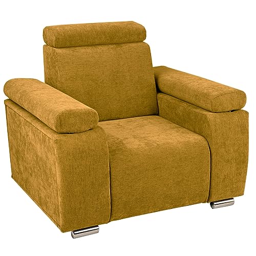 Sessel mit verstellbarer Kopfstütze und Armlehnen gelb mit silberfarbenen Beinen - aus kariertem Stoff, zur einfachen Selbstmontage - Sessel für Wohnzimmer, Schlafzimmer, einzeln und im Set von postergaleria