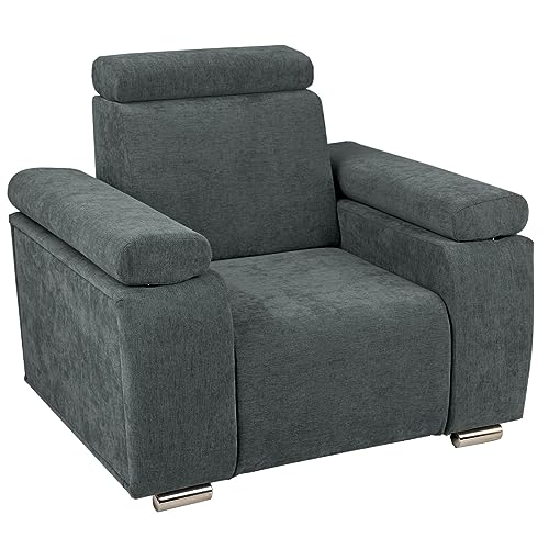 Sessel mit verstellbarer Kopfstütze und Armlehnen graphit mit silberfarbenen Beinen - aus kariertem Stoff, zur einfachen Selbstmontage - Sessel für Wohnzimmer, Schlafzimmer, einzeln und im Set von postergaleria